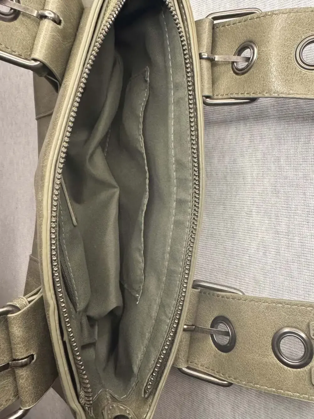 Silence & Noise Faux Leather Shoulder Bag in Sage Green with Buckle and Chain De